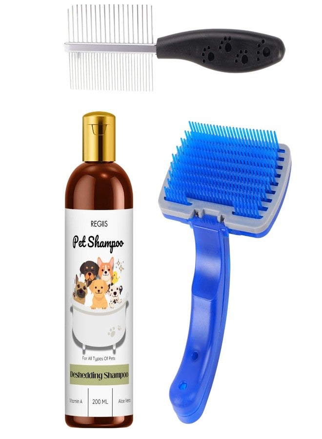 مجموعة العناية بالحيوانات الأليفة مع شامبو لإزالة الشعر الزائد 200 مل وفرش تنظيف احترافية، مجموعة العناية بالحيوانات الأليفة متعددة الأغراض للكلاب والقطط (عبوة من 3 قطع) - Image 1